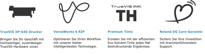 TrueVIS XP-640 Drucker  Bringen Sie Ihr Geschäft mit hochwertiger, zuverlässiger TrueVIS-Hardware voran.  VersaWorks 6 RIP  Optimieren Sie Ihren Workflow mit unserer bisher intelligentesten Technologie.  Premium Tinte  Erzielen Sie mit der effizienten Eco-Solvent-Tinte jedes Mal beeindruckende Ergebnisse.  Roland DG Care-Garantie  Sichern Sie Ihre Investition mit branchenführendem Support.